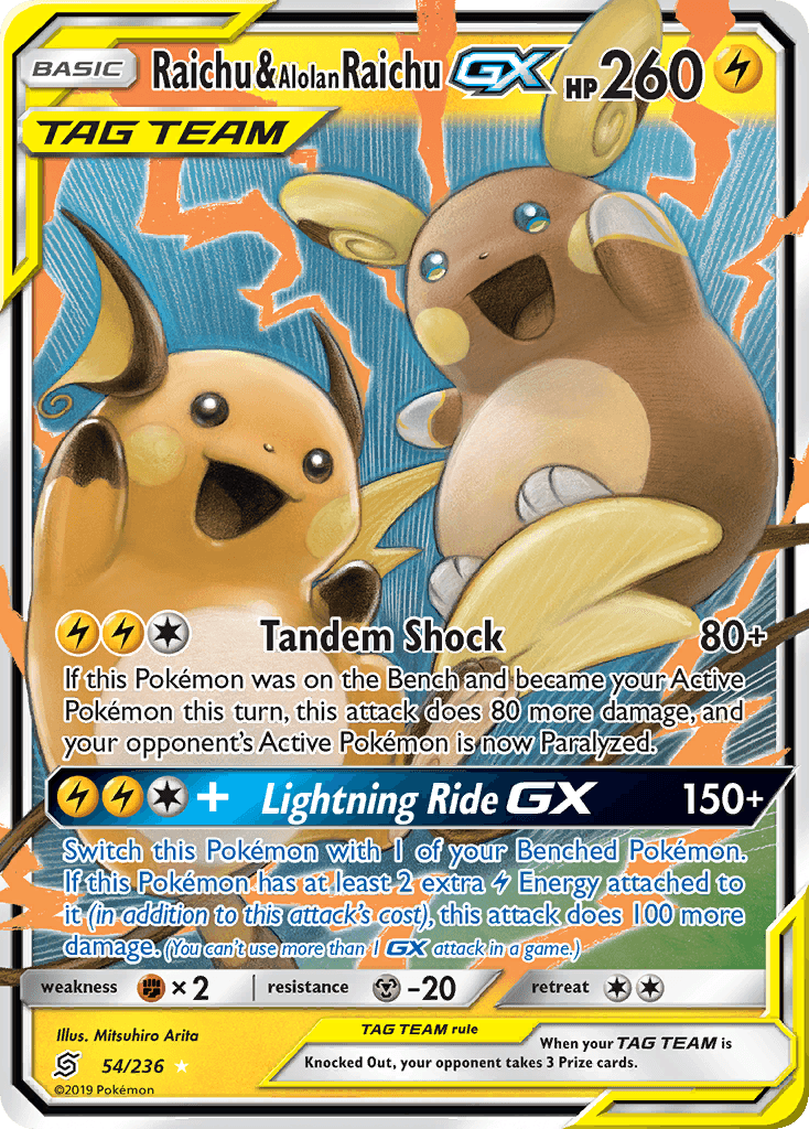 Raichu & Alolan Raichu-GX Pokémon card